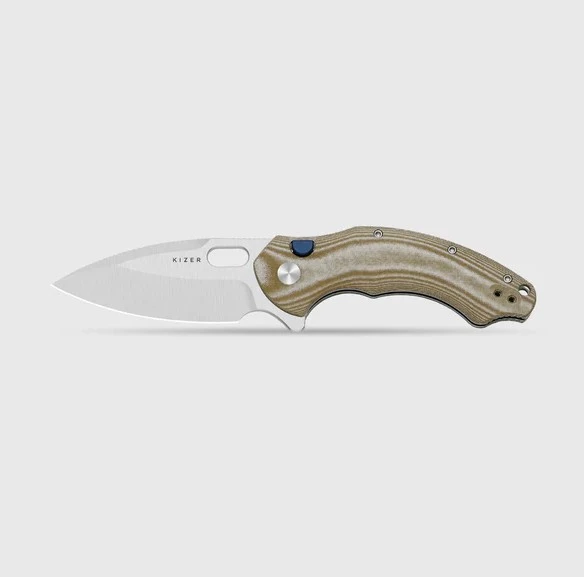 Kizer Roach XL Button Linerlock Folding Knife Satin 14C28N/Brown Norplex Ultrex Micarta V4477BDA1