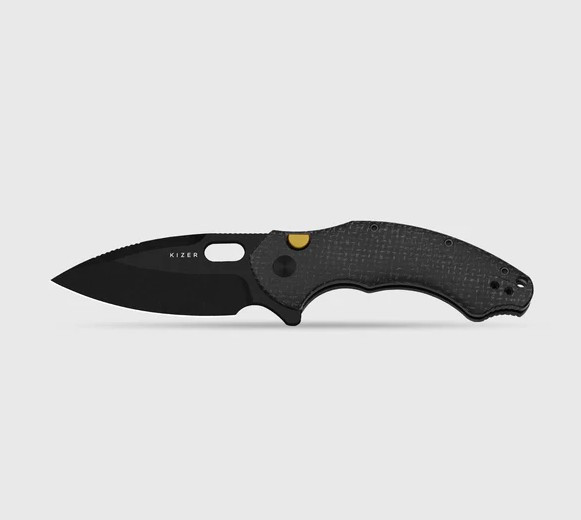 Kizer Roach XL Button Linerlock Folding Knife Black PVD Coated & Stonewashed 14C28N/Black Micarta