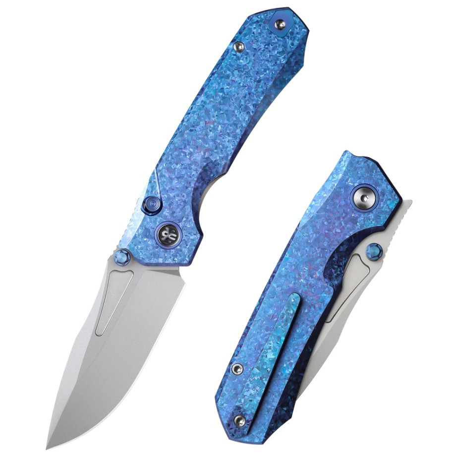 Remette Knives Rhino Button Linerlock Folding Knife Blue Crystallized Titanium RNTB3