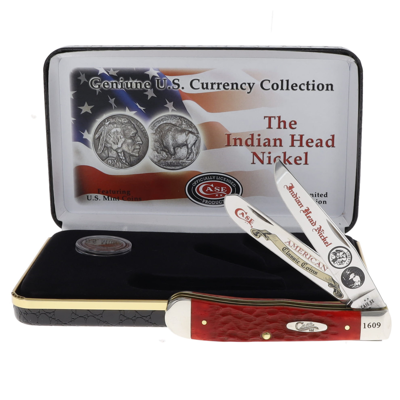 Case XX Red Pickbone Indian Head Nickel Trapper Folding Knife Gift Set CATIHNRPB
