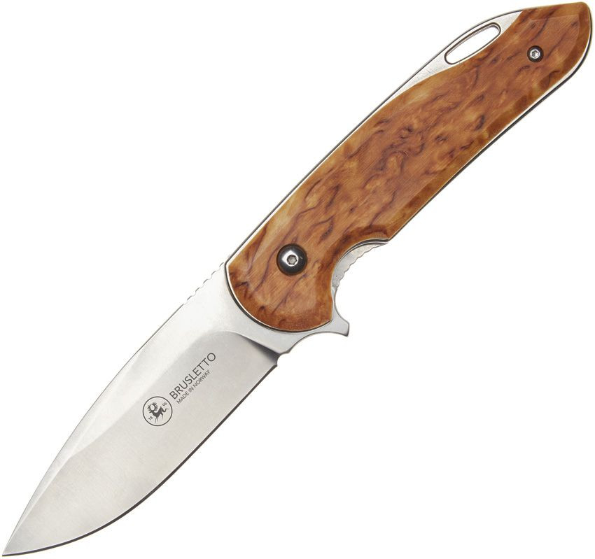 Brusletto Natten Linerlock Folding Knife Oiled Curly Birch Handle 12C27 Blade BRU10182