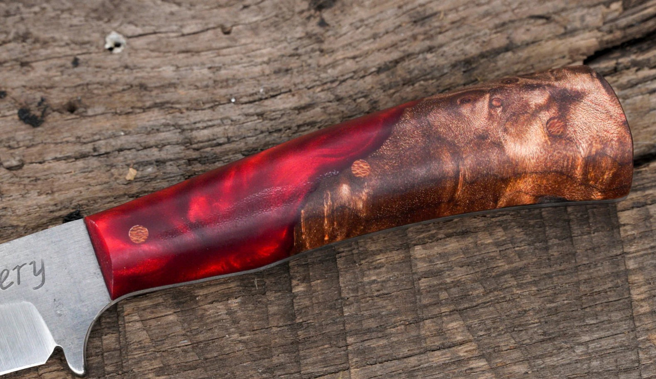 Avery Knifeworks Bird and Trout Knife Fixed Blade Forged Magnacut/Red Resin & Maple Burl AK03RMB