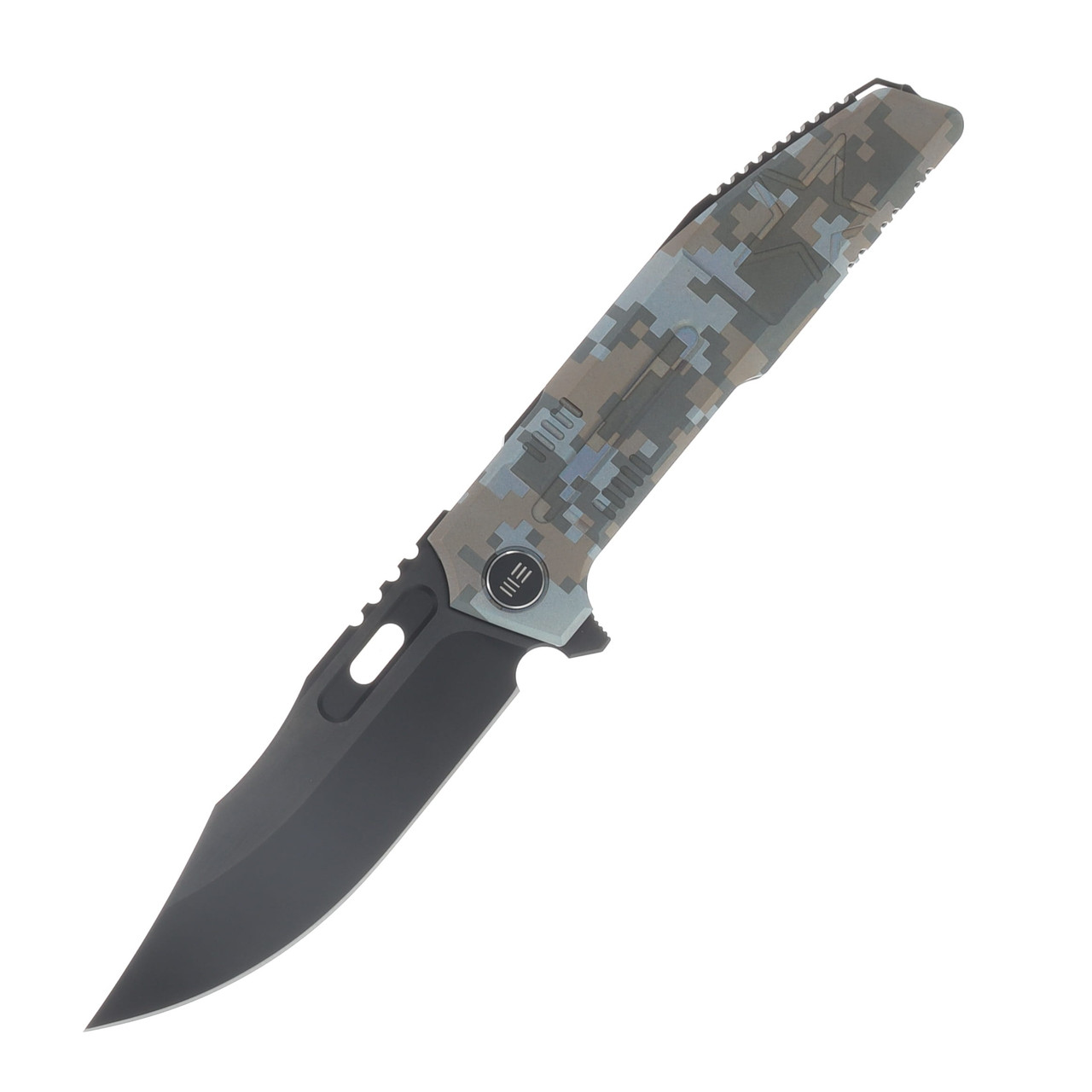 WE Knife Co Marine Inspired Barracks Folder Pixel Pattern TI Handle Black SW Bevels Black Brushed Flats M390 Blade WE25078-3