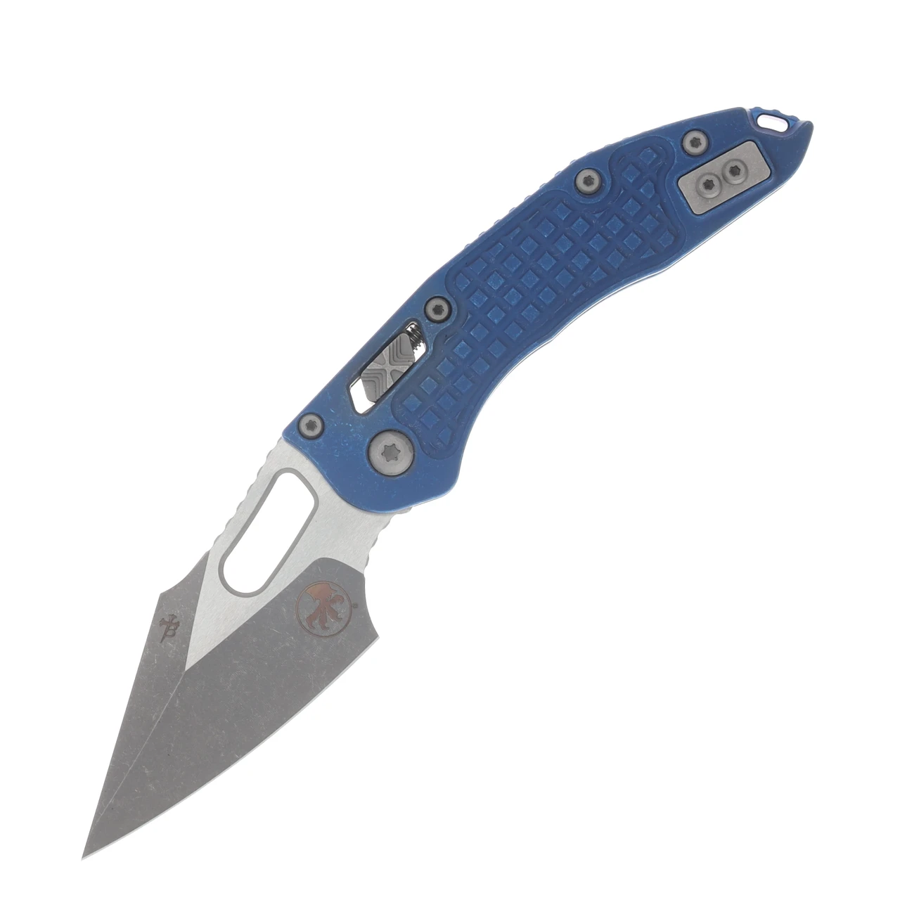 Microtech Stitch- RAM-LOK Folder Marfione Select Apocalyptic Antique Blue Anodized Frag TI W/Blue TI Accent Apocalyptic Finish Stainless MT169RL10APFRMS2