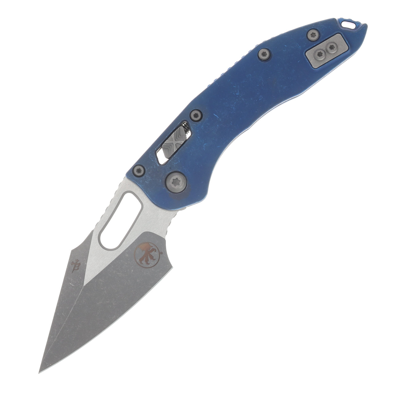 Microtech Stitch RAM-LOK Folder Marfione Select Apocalyptic Antique Blue Anodized Slab Side TI W/Blue TI Accent Apocalyptic Finish Stainless MT169RL10APMS2