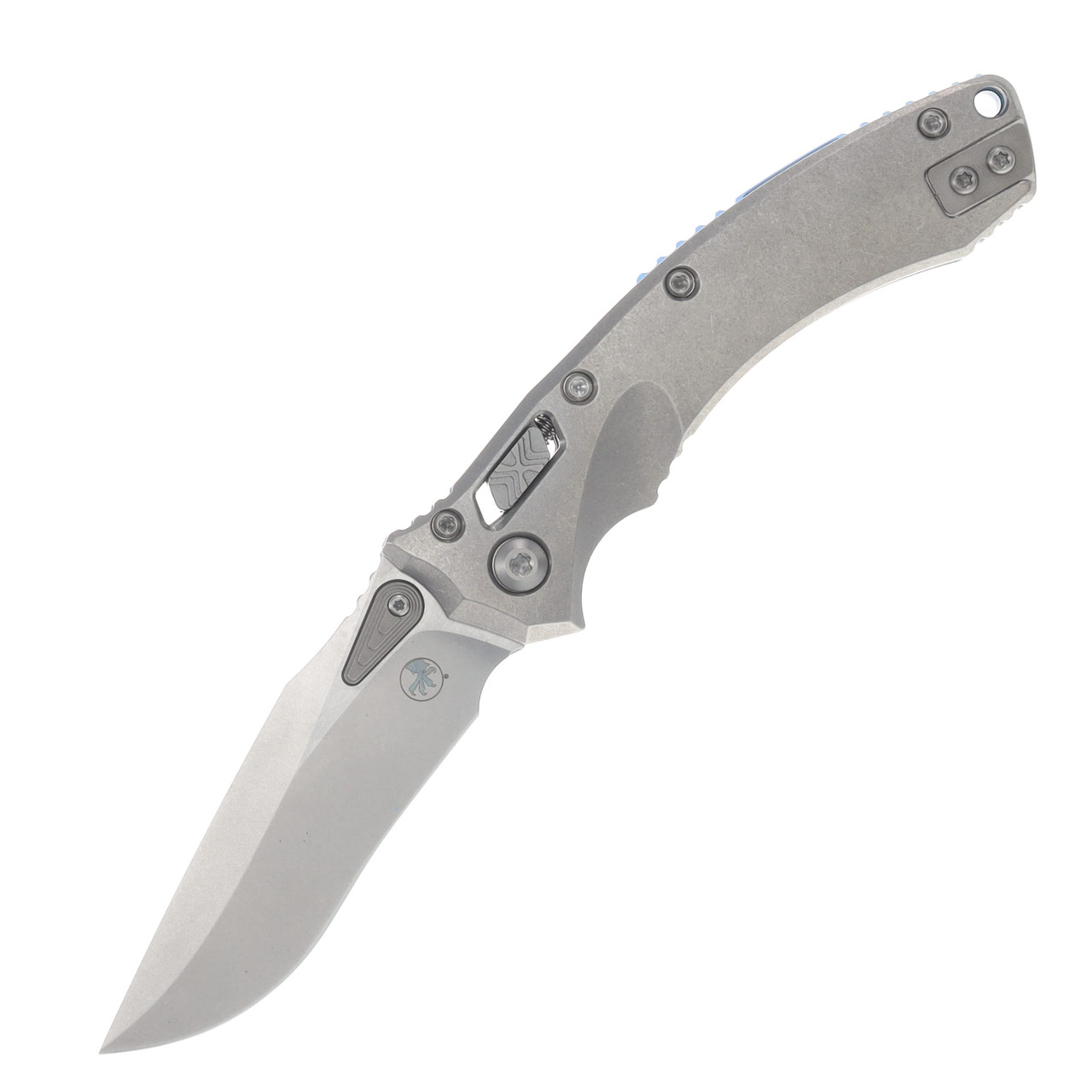 Microtech Amphibian Mini RAM-LOK Folder Marfione Select SW - SW Slab Side TI W/ Blue TI Accent Double Vapor Blast Stainless MT137MRL10MS2