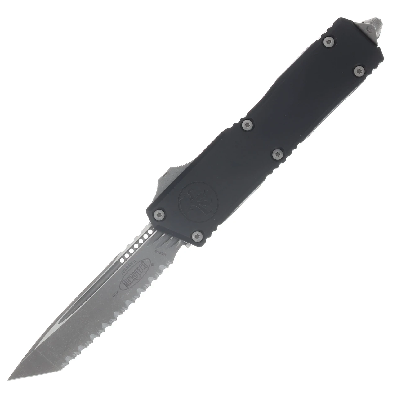 Microtech Scarab II GEN III Executive OTF Auto T/E Apocalyptic Full Serrated Black AUMT117712AP