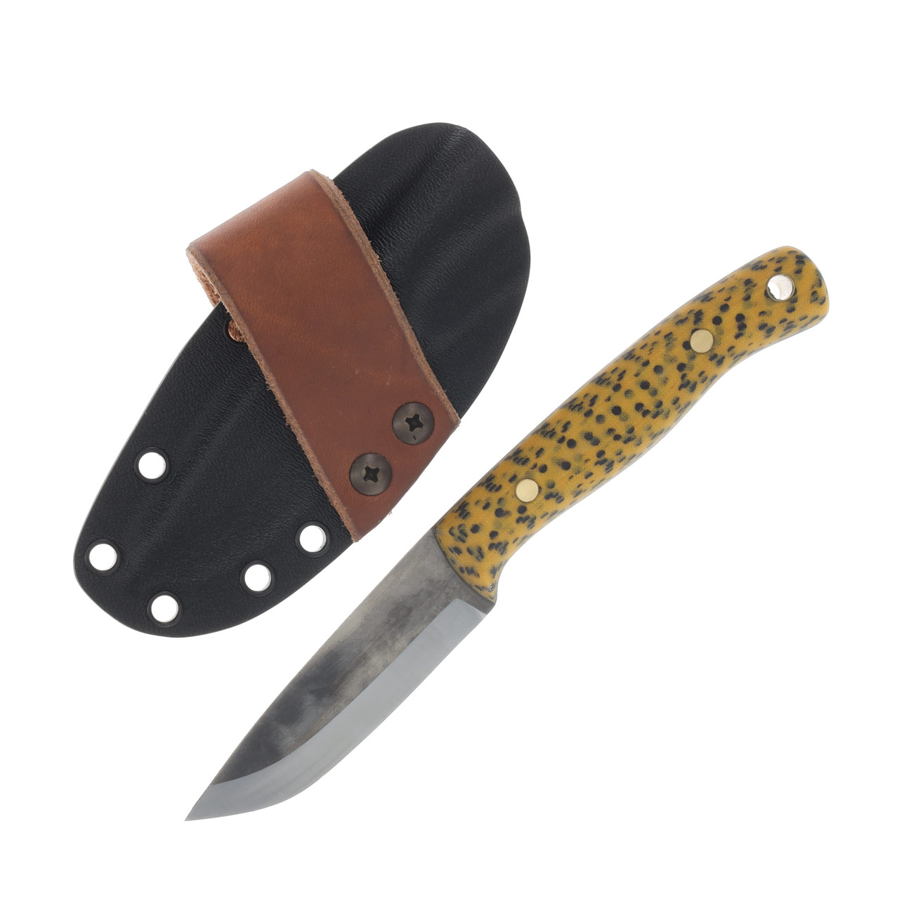 Samuel Riner Custom Knives Dark Hollow Fixed Blade Forged 80CrV2 Scandi Grind/Trout Yellow Micarta SRKDH1