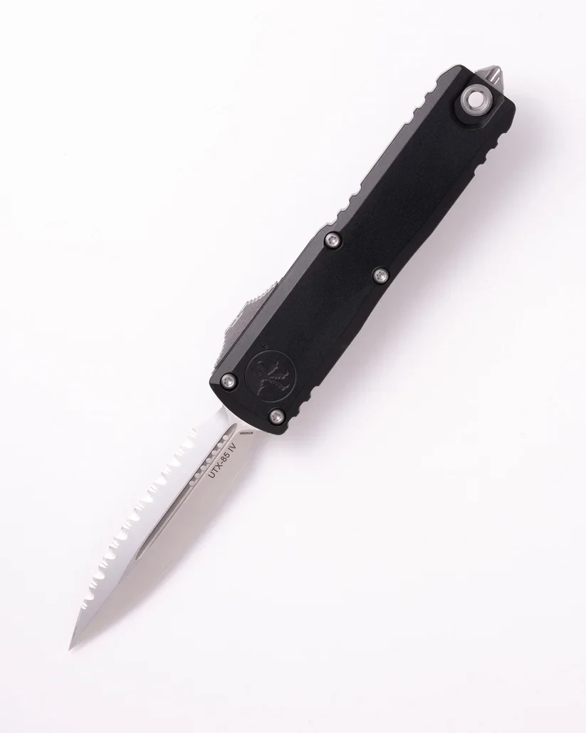Microtech UTX-85 OTF Auto D/E Satin Full Serrate Black 6061 T6 Aluminum AUMT123246