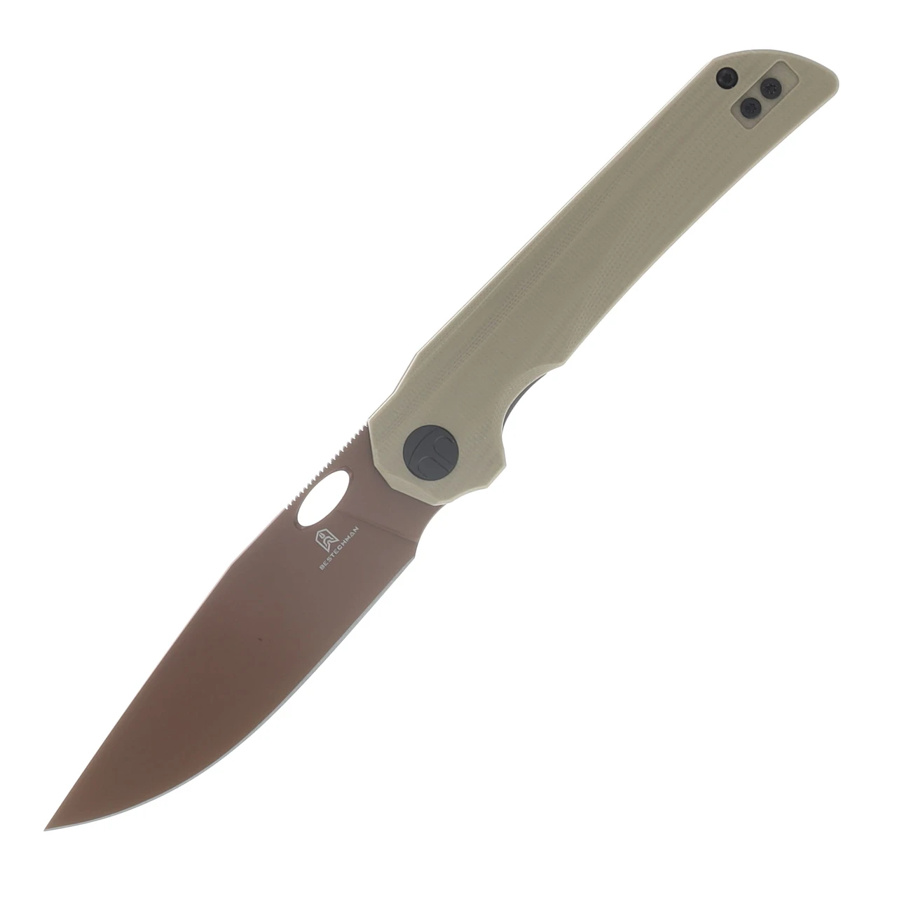 Bestechman Smuga Folding Knife Light Beige G-10 Handle Gold PVD AEB-L Blade BMK22D