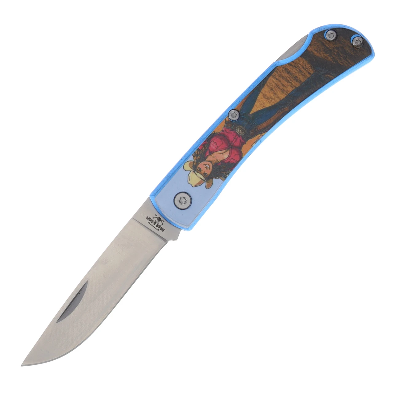 Bear & Son Small Farmhand Lockback Cowgirl Let 'Er Buck Limited Edition Folding Knife U137LBLCG26