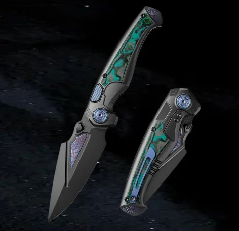 Remette RT-Scepter Button Lock M390 Blade with Timascus Inlay/Kelp Bed CamoCarbon and Titanium