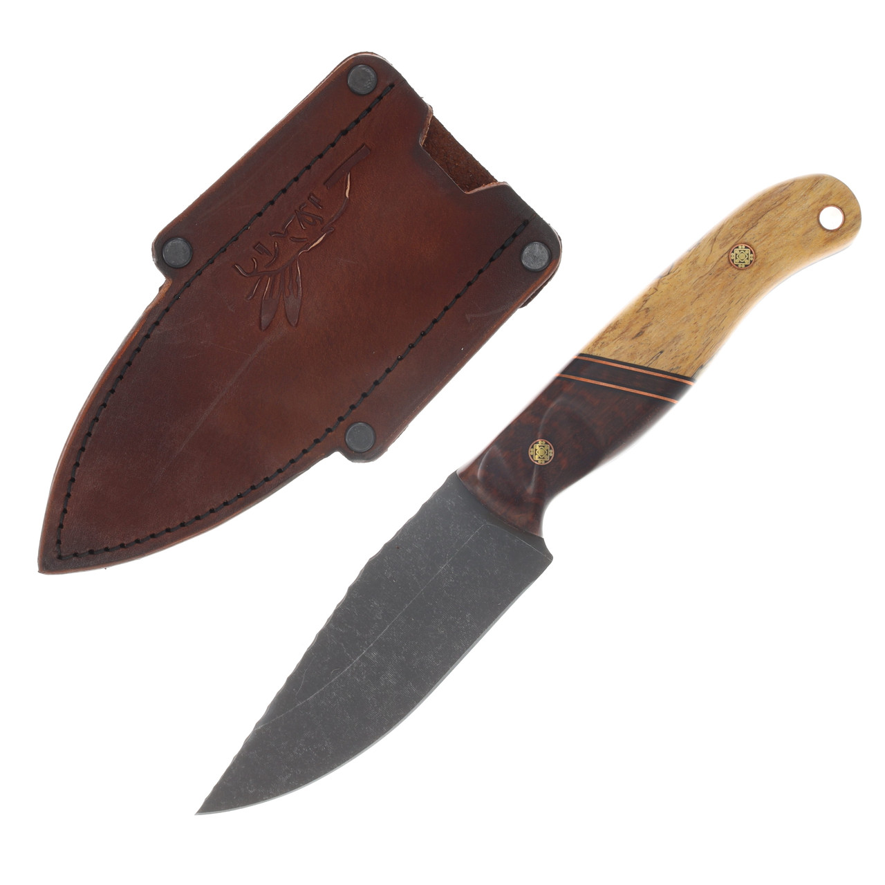 Half Face Blades Crow Jr Fixed Blade Textured Grip Snakewood, Black G10 and Copper Pin Striping, Guava, Mosaic Pins, Copper Lanyard Pin HFCROWJRSNKWDBK
