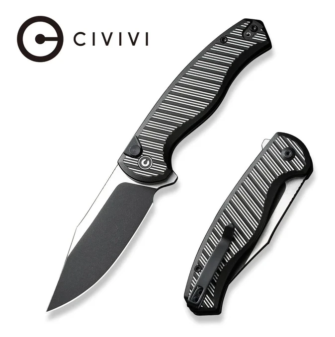 CIVIVI Stormhowl Button Lock Folding Knife Black Stonewash/Striped Black Aluminum C23040B-1