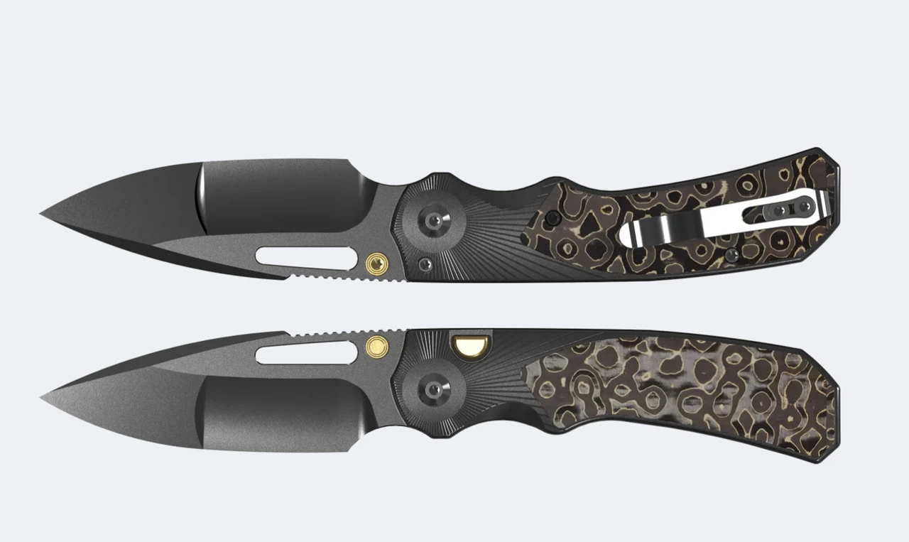 Kizer Durandal Button Lock Folding Knife Gunmetal Gray PVD S35VN/Black Aluminum & Gold Camo Carbon Fiber