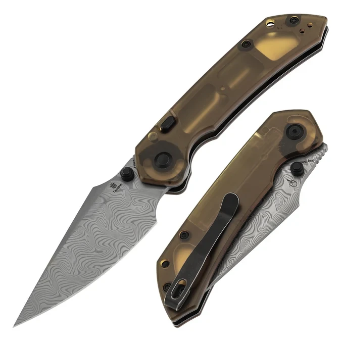 Tenable Knives Fenrir Folder Amber PEI-Ultem Handle Damascus Blade B1034H6