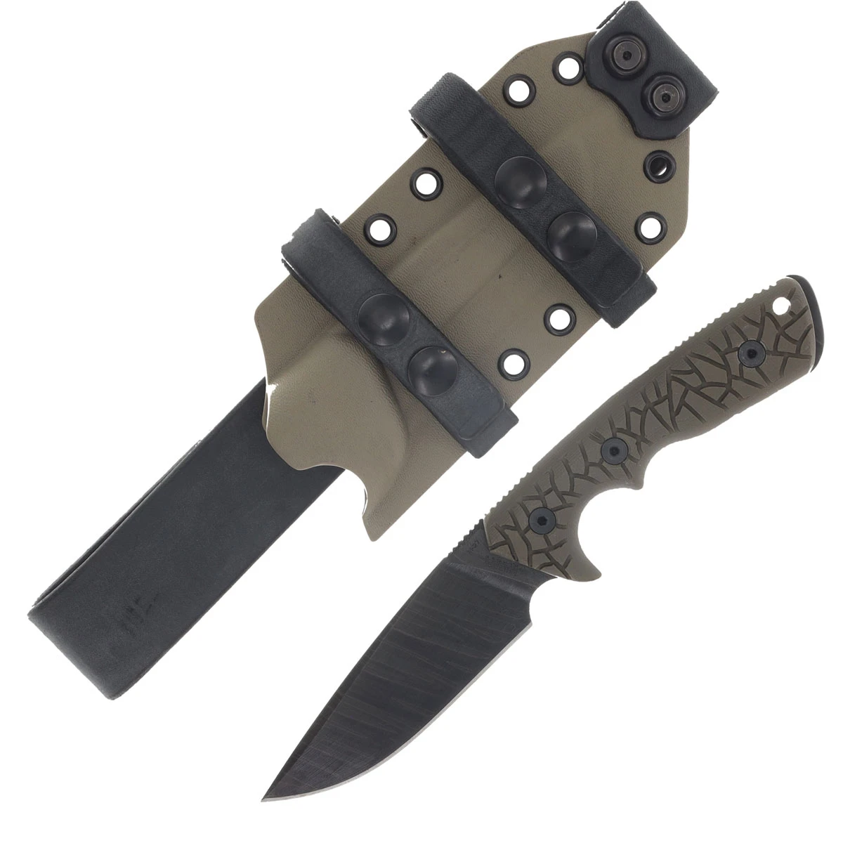 Miller Bros M-27 Fixed Knife Black Blade OD Green Textured Handle Tan/Black Sheath