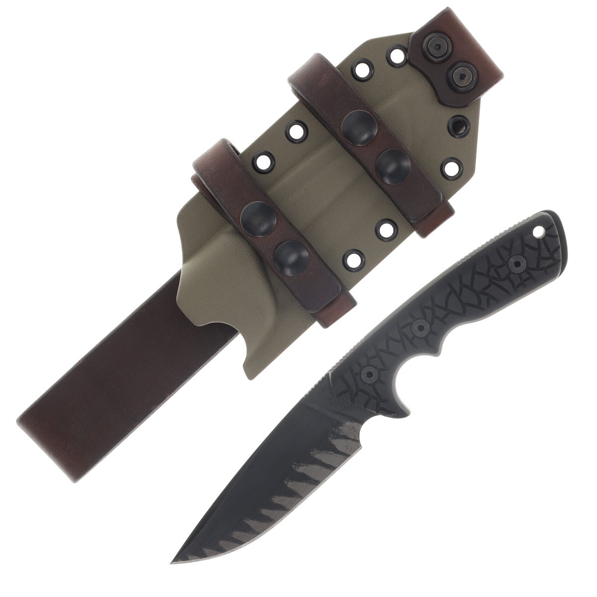Miller Bros M-27 Fixed Knife Black Blade W/Edge Work Black Textured Handle Tan/Brown Sheath