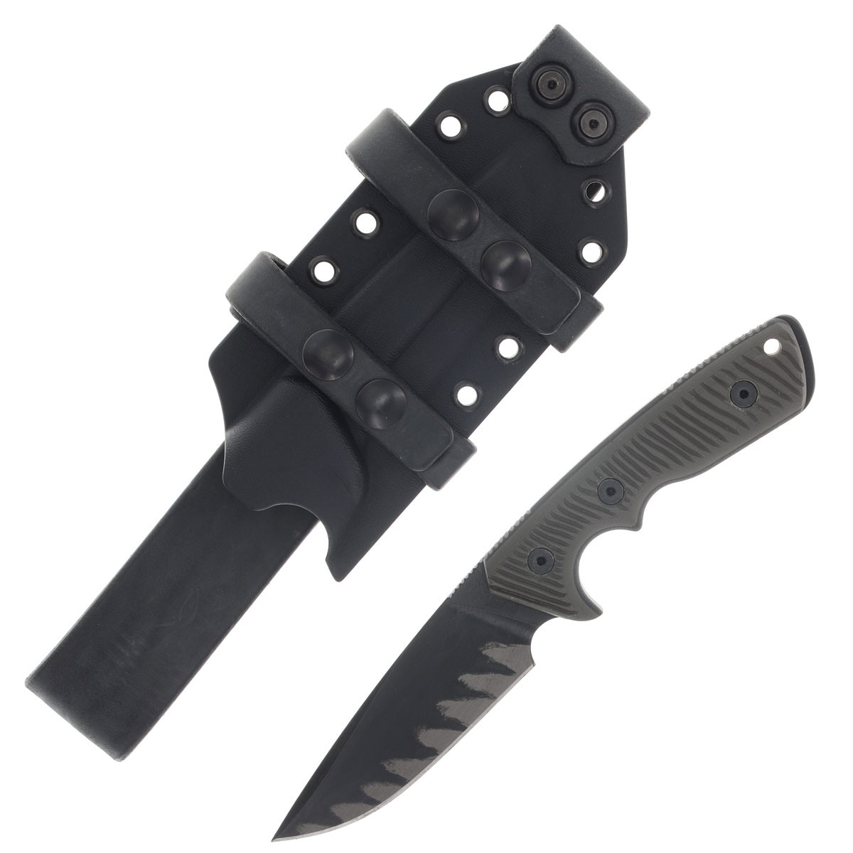 Miller Bros M-27 Fixed Knife Black Blade W/Edge Work OD Green Textured Handle Black Sheath