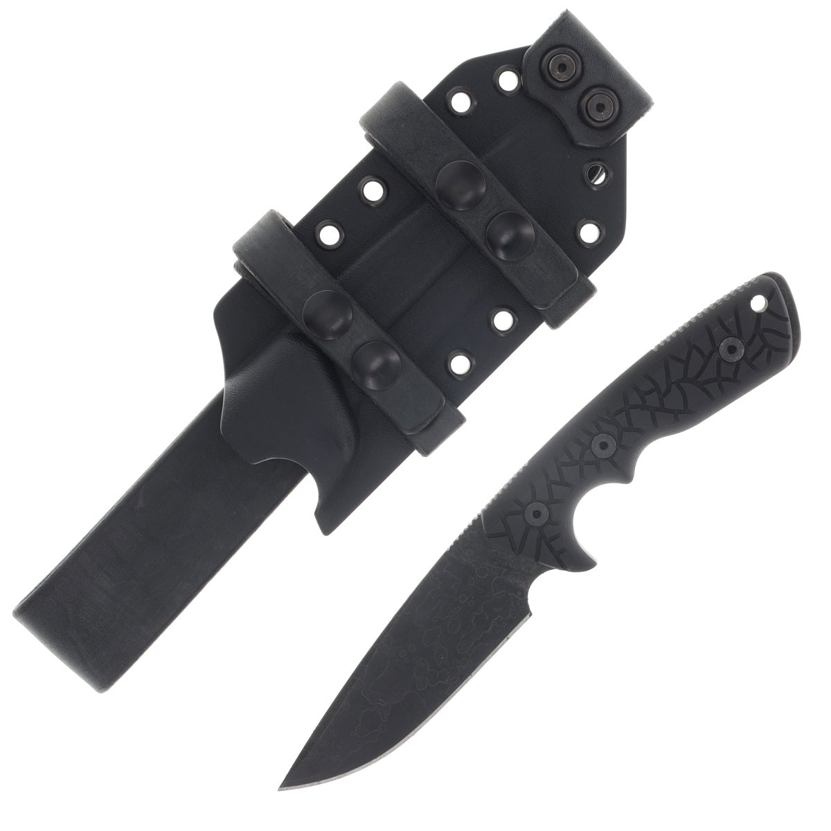 Miller Bros M-27 Fixed Blade Splatter Etch Black Textured Handle Black Sheath