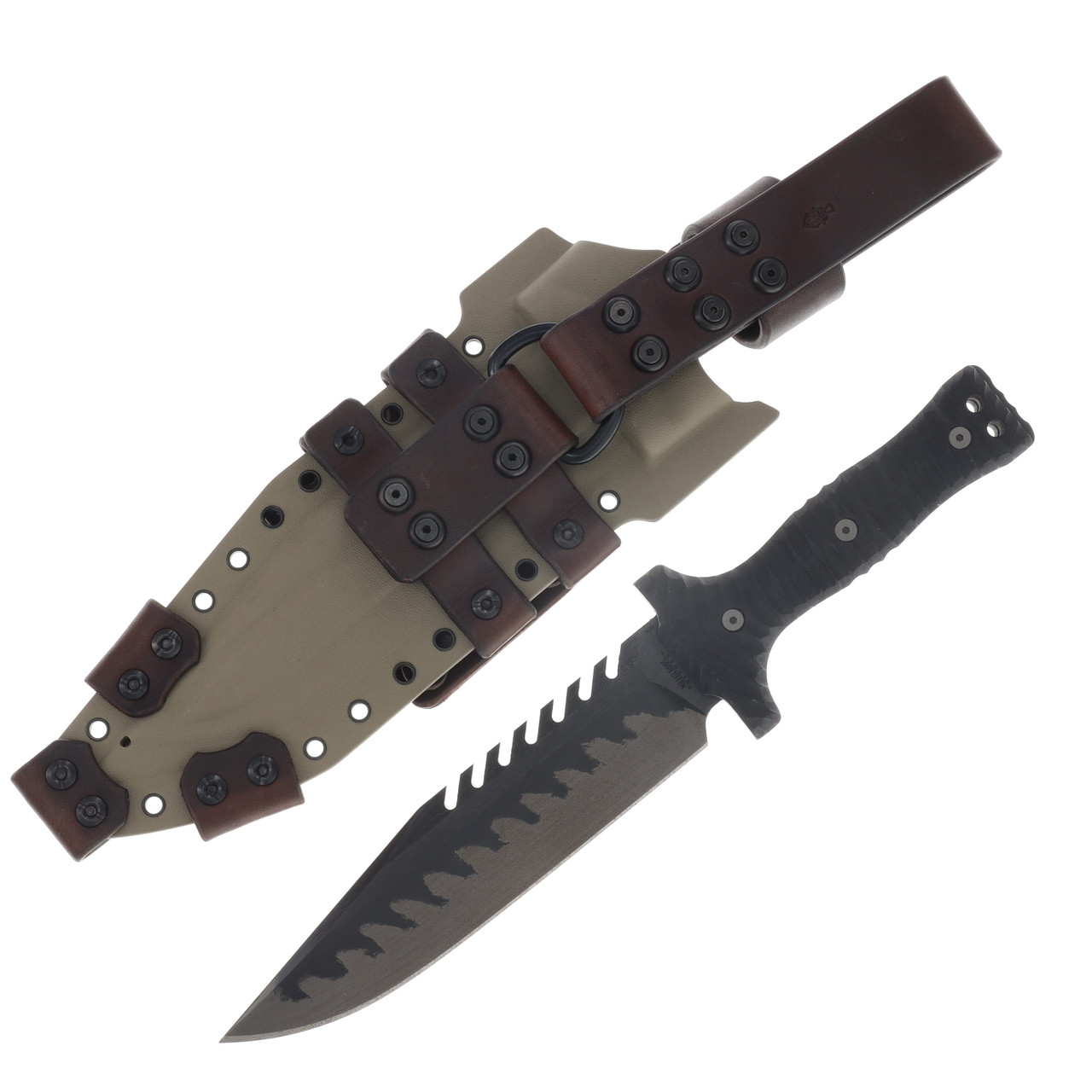 Miller Bros M-22 Fixed Knife Etched Edge Blade Black Handle Black/Brown Sheath