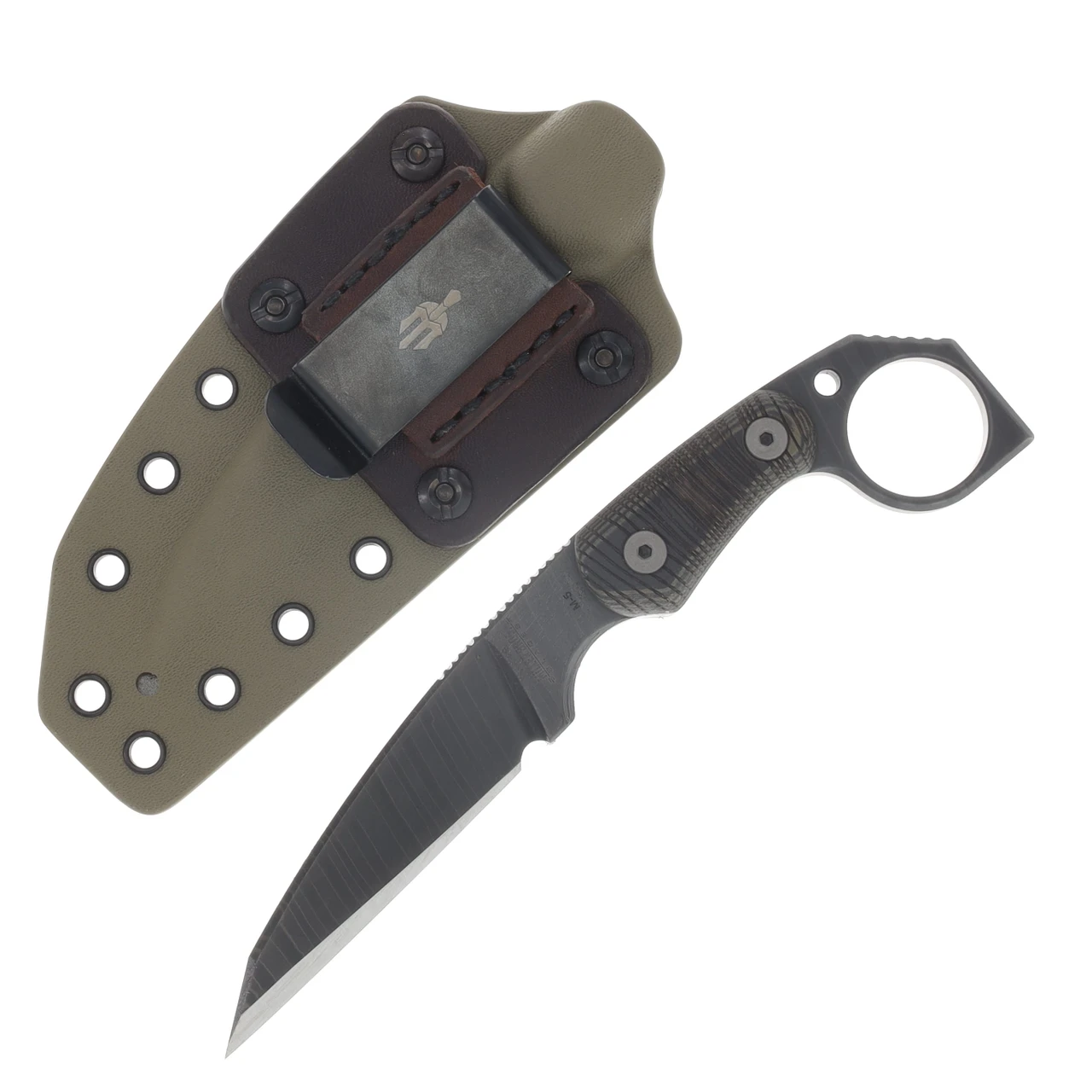 Miller Bros M-5 Fixed Knife Striped Etched Blade Black Handle Tan/Brown Sheath