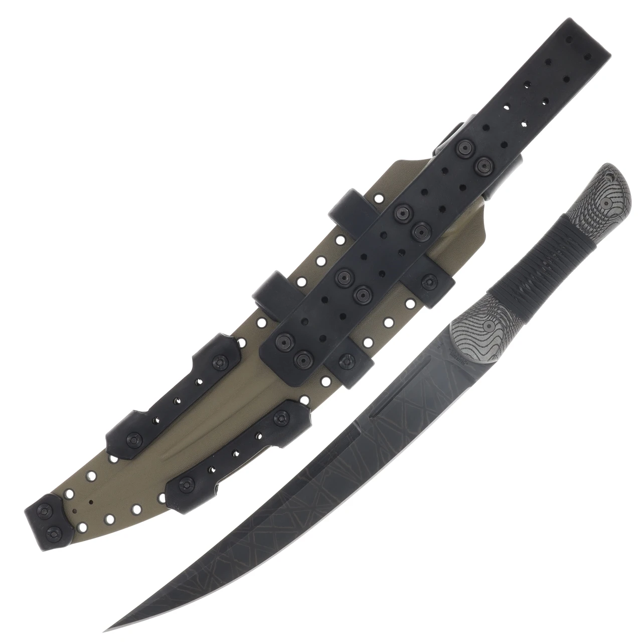 Miller Bros M-34 Short Sword Criss Cross Pattern Etch Tan/Black Handle Black Paracord Tan/Black Sheath M-34CRSTNBKSNBKHBKP