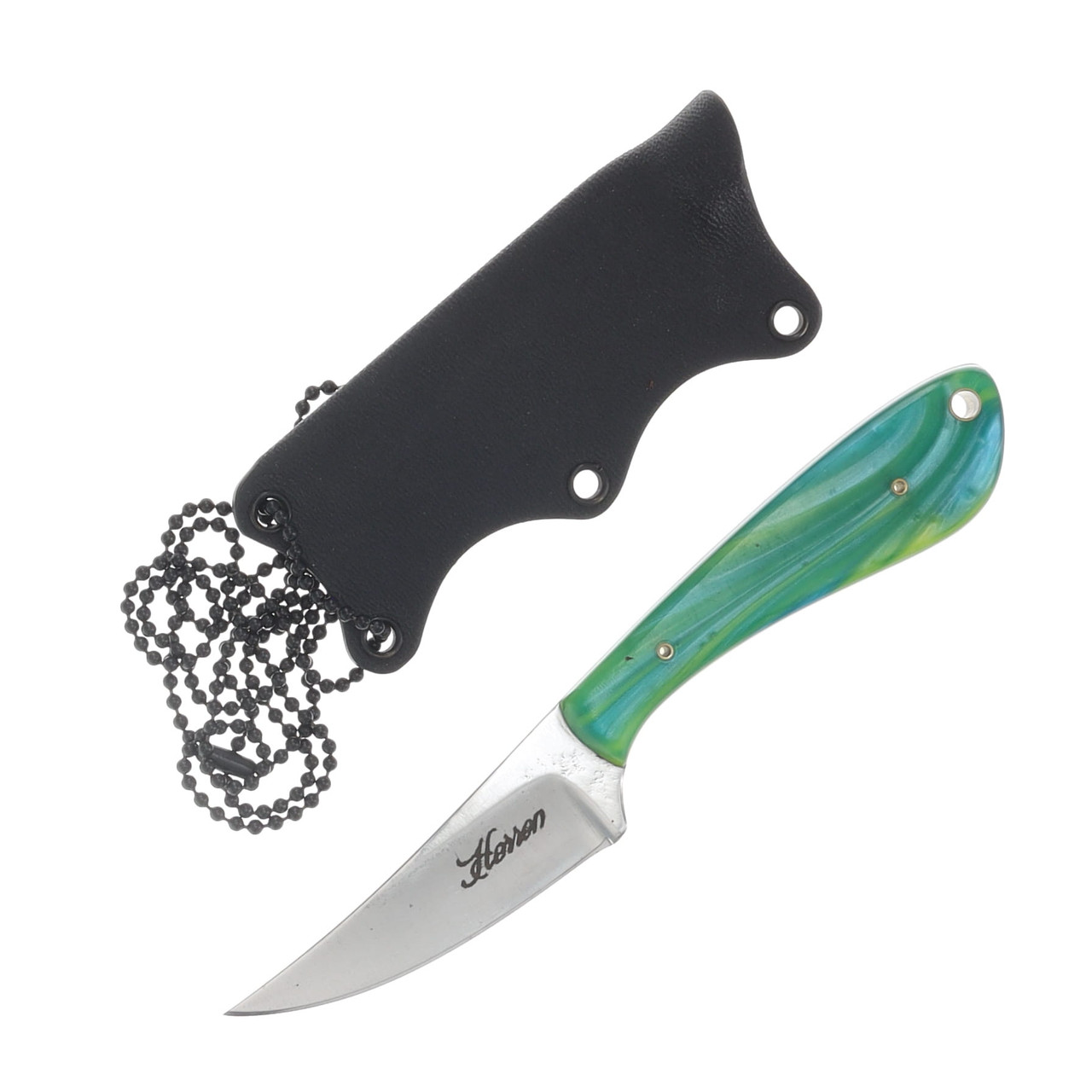 Herron Knives Fixed Blade Neck Knife L6 Carbon Steel/Green and Gold Mica Pearl Resin HK41