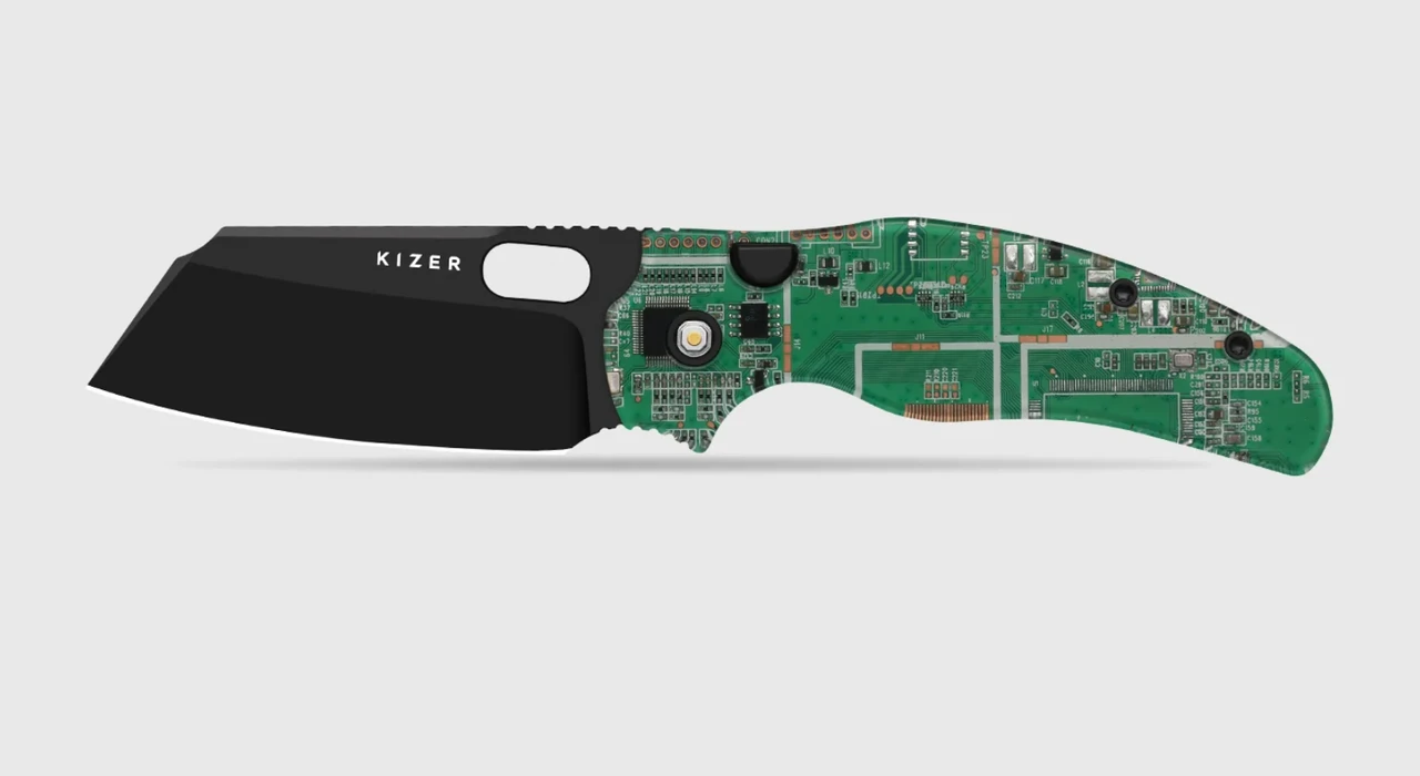 Kizer C01C 2.9 BS PCB Button Linerlock Folding Knife PVD S35VN/Green Circuit Board K3488.29BS1