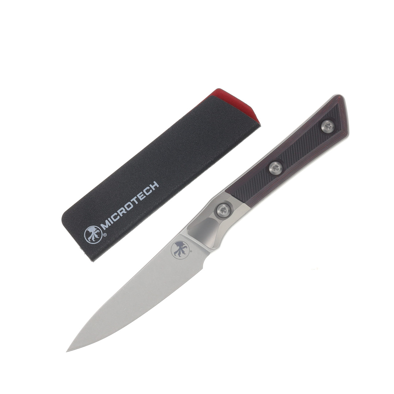 Microtech 3.5in Paring Knife Stonewash Standard Titanium Bolster Black Cherry G-10 MT3500B10BC