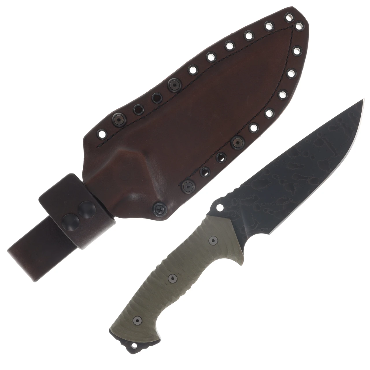 Miller Bros M-29 Fixed Blade OD Green Handle Splatter Etch Brown Sheath M-29ODHBNSSPL