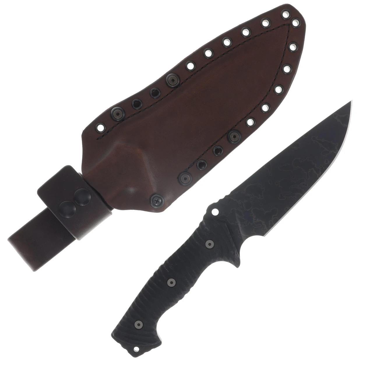 Miller Bros M-29 Fixed Blade Black Handle Splatter Etch Brown Sheath M-29BKHBNSSPL
