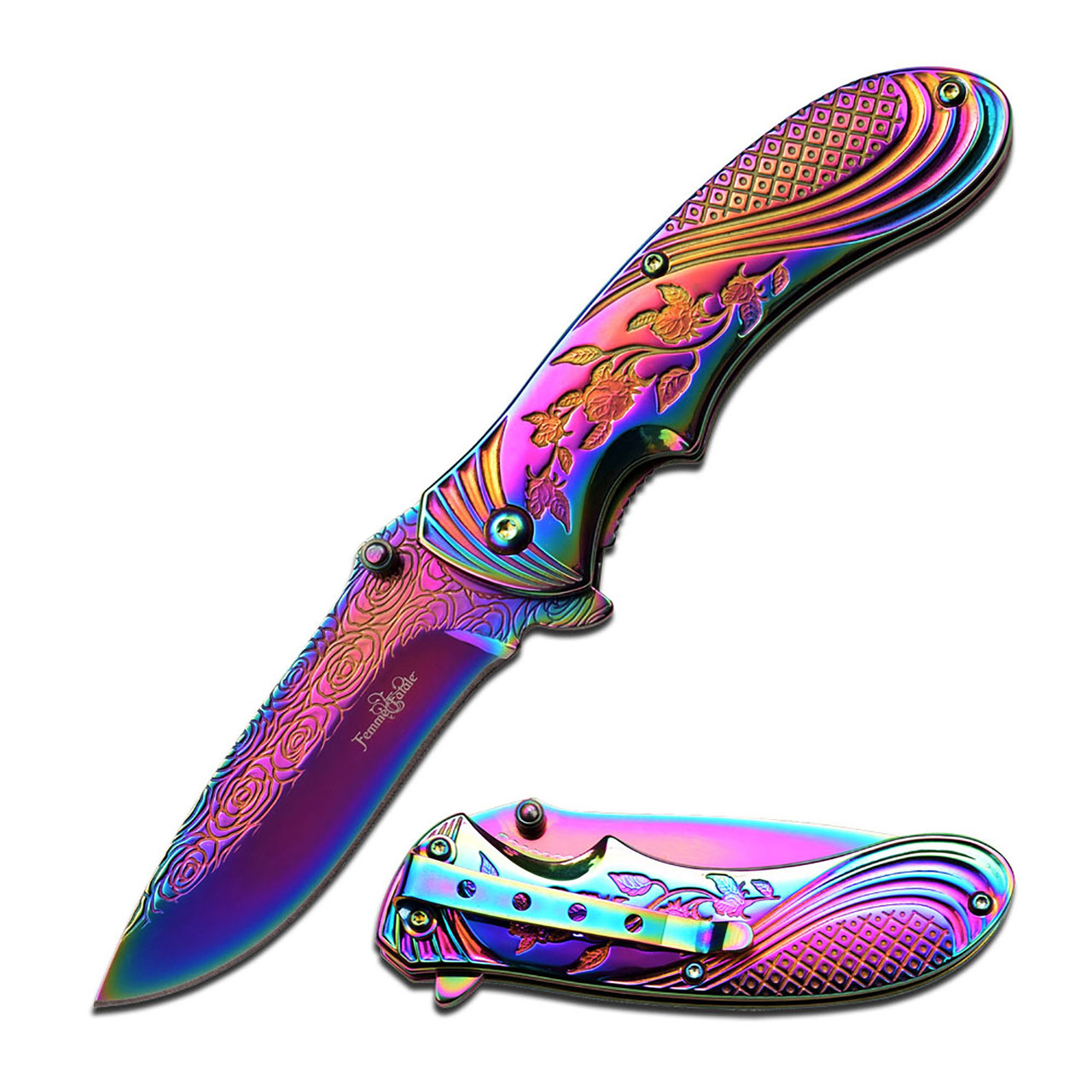 Femme Fatale Spring Assisted Folding Knife Rainbow Rose 3in Drop Point MCFFA008RB