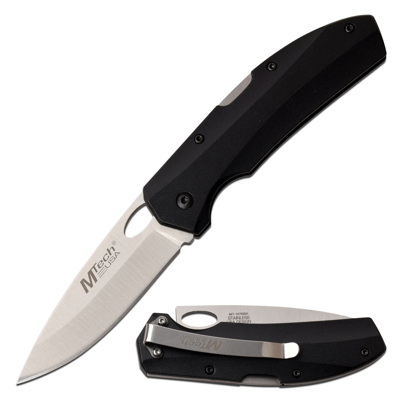 MTech USA Lockback Folding Knife Black Aluminum 3in Satin Drop Point