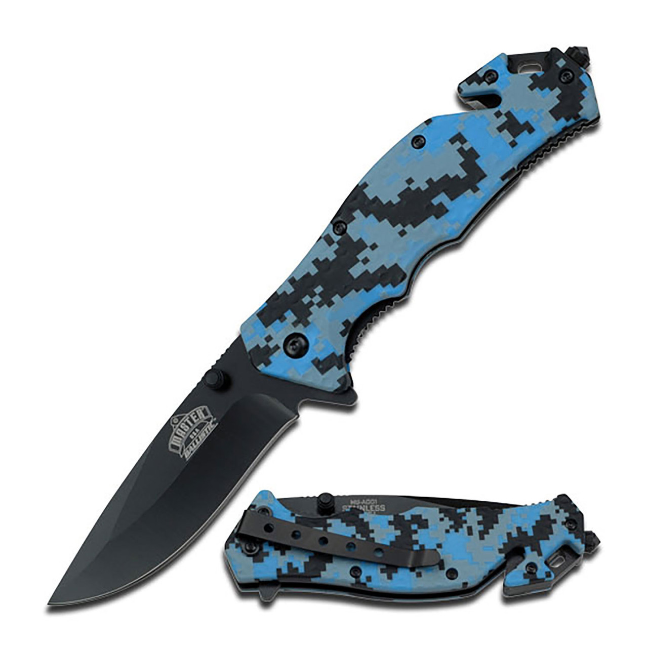Master USA Spring-Assisted Knife Digital Blue Camo 3.5in Black Drop Point