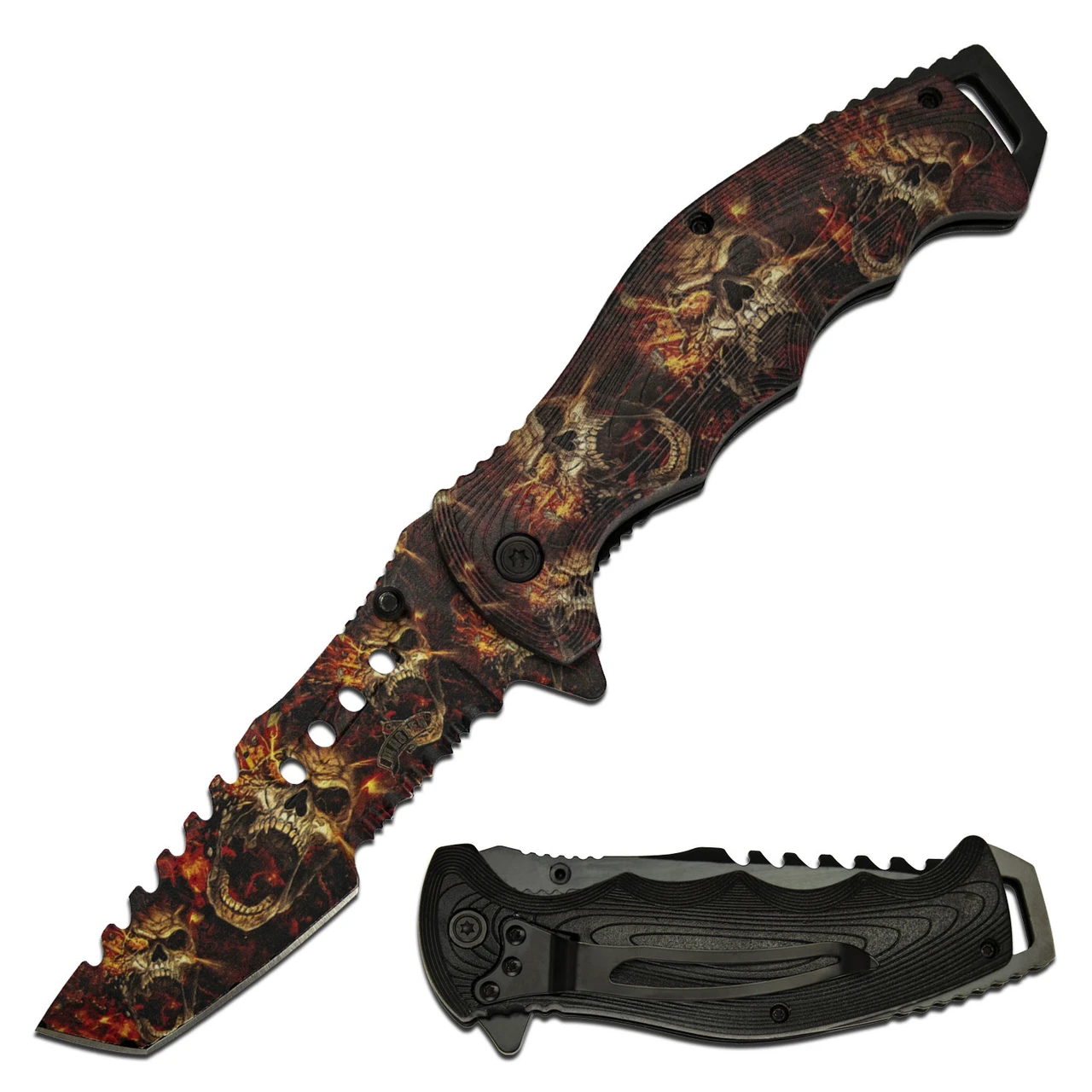 Master Cutlery Spring-Assisted Knife Flaming Skull 3.75in PS Tanto