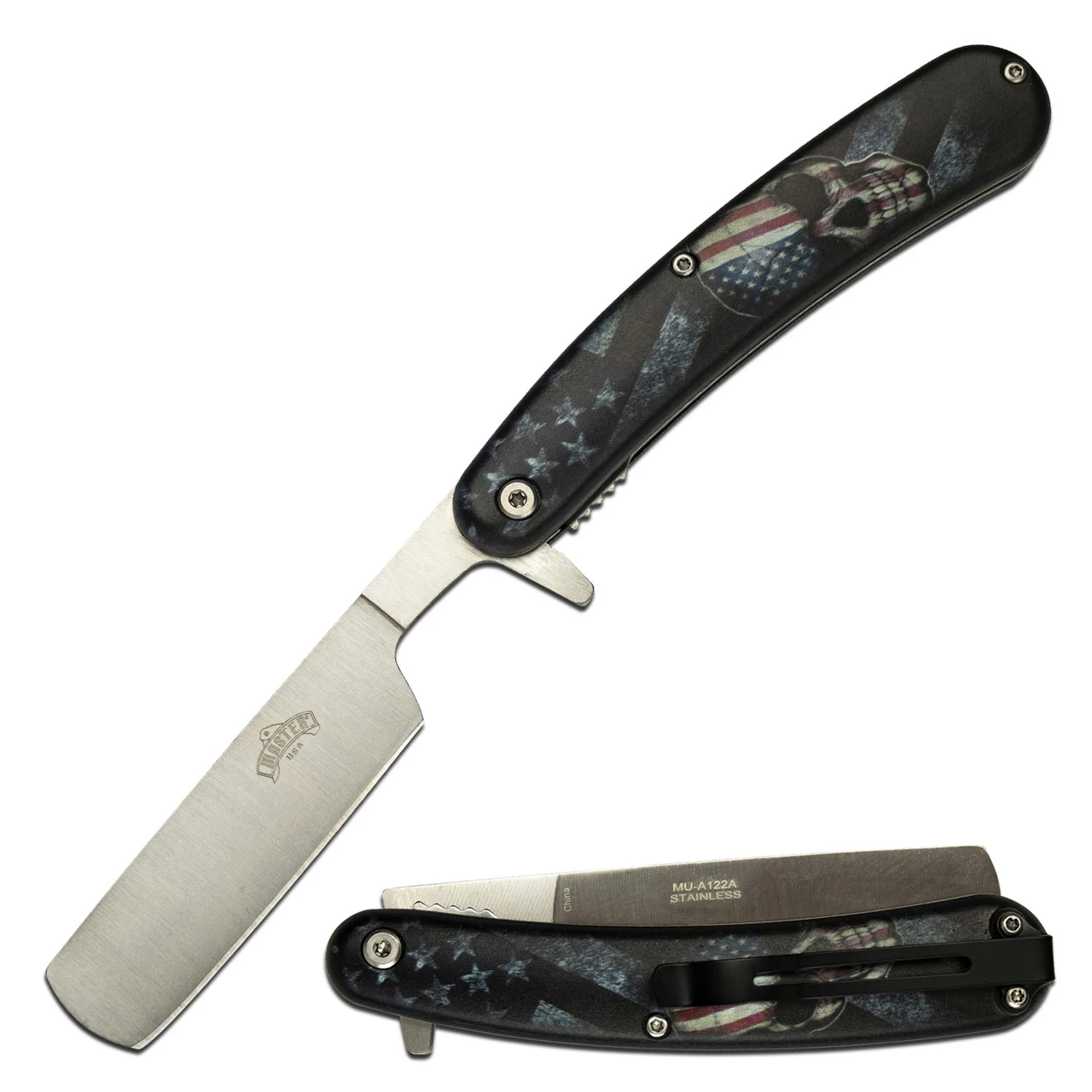 Master USA Spring Assisted Knife US Flag Skull 3.75in Satin Razor
