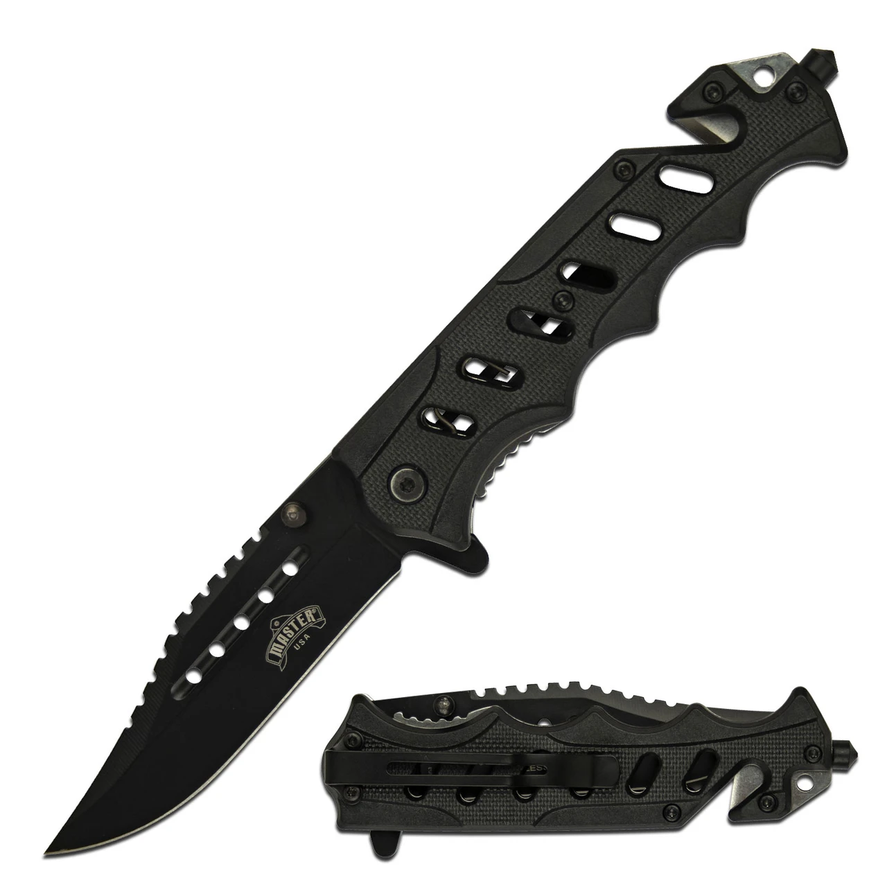 Master USA Spring Assisted Knife All Black 3.75in Tactical Clip Point