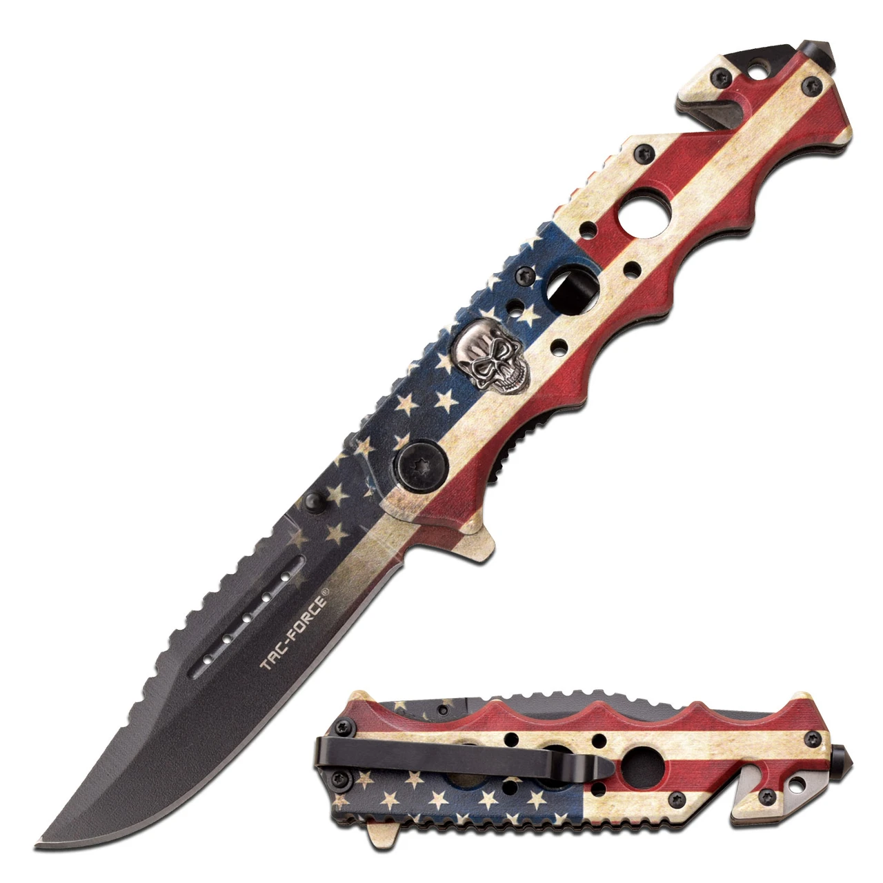 Tac-Force Assisted Knife American Flag Worn Camo Sawback Clip Point
