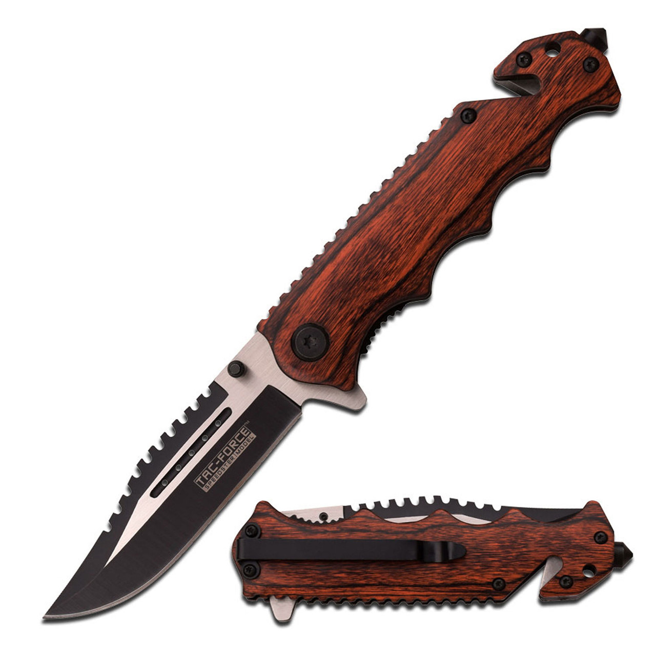 Tac-Force Assisted Knife Brown Pakkawood Two-Tone Sawback Rescue
