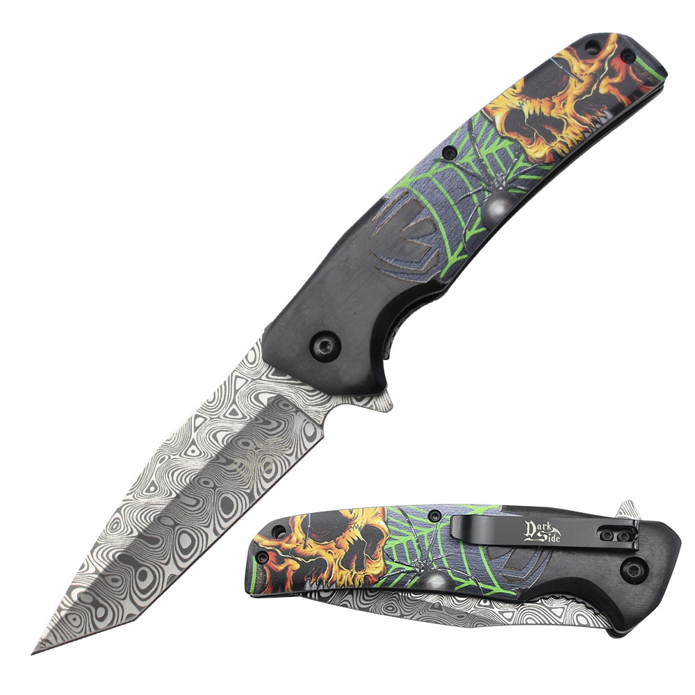 Dark Side Blades Assisted Knife Skull Web Wood 3.7in Etched Tanto