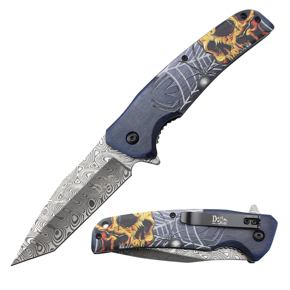 Dark Side Blades Assisted Knife Skull Silk Web Wood 3.7in Etched Tanto
