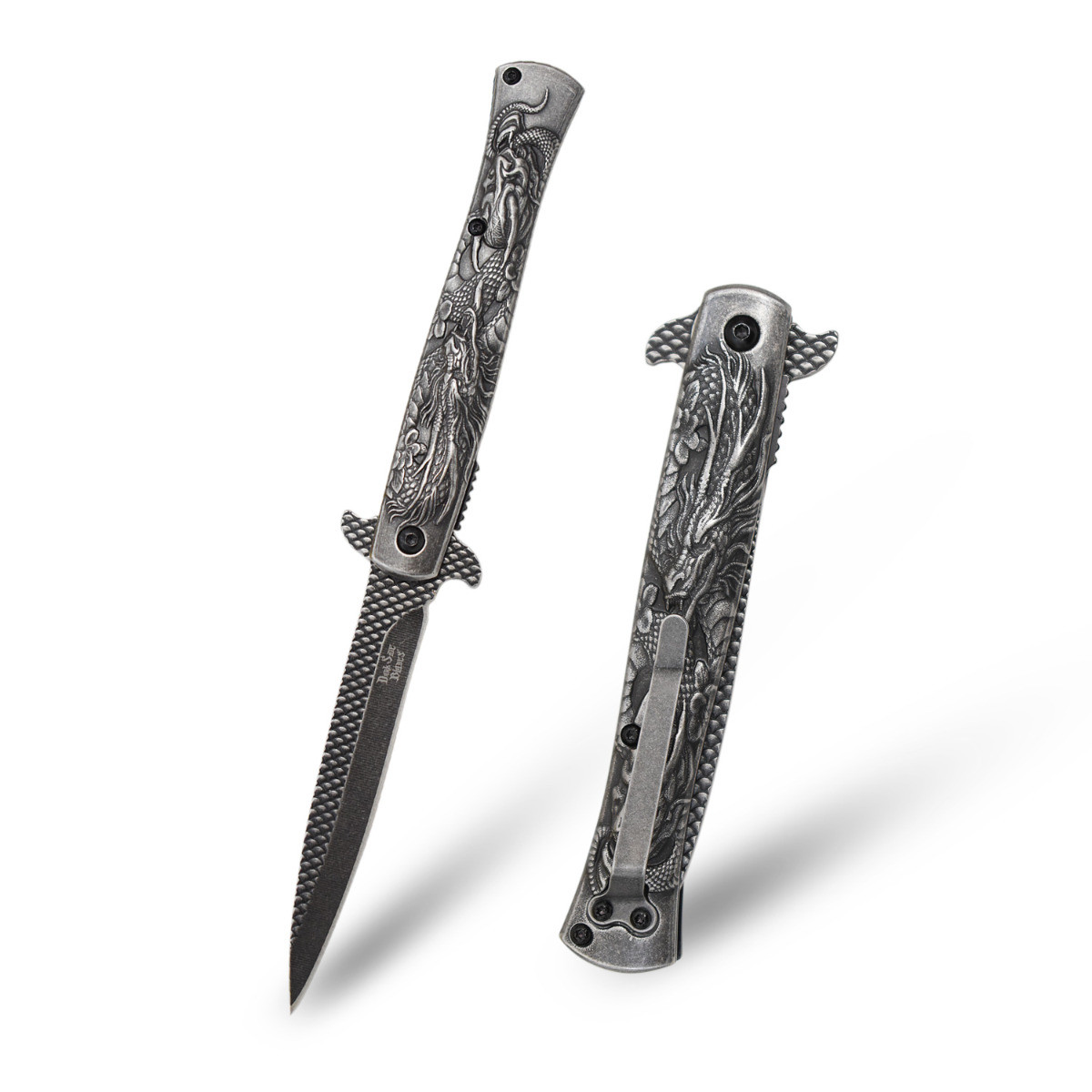 Dark Side Blades Assisted Knife Stonewash Dragon Scale 3.5in Spear Point