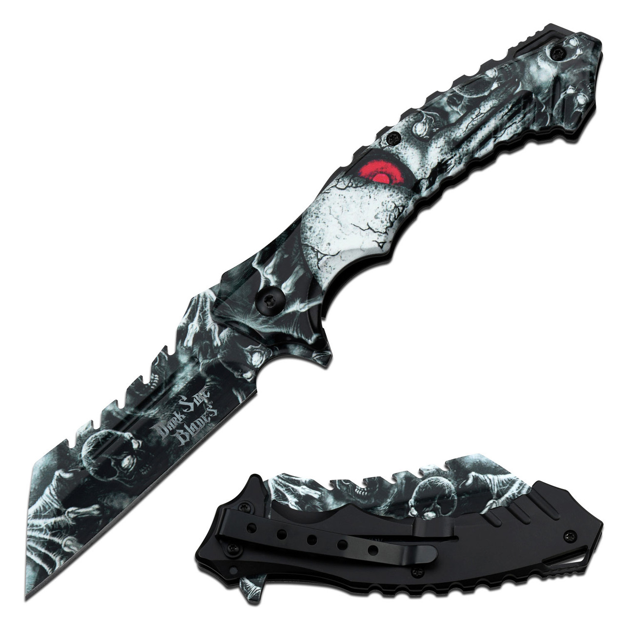Dark Side Blades Assisted Knife White Evil Eye Skull 3.25in Wharncliffe
