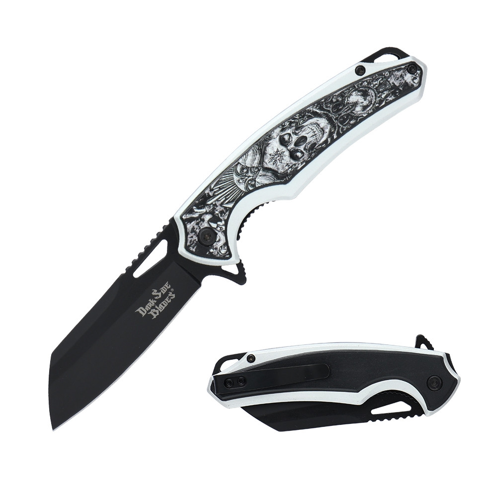 Dark Side Blades Assisted Knife Silver Skull 3.25in Black Wharncliffe