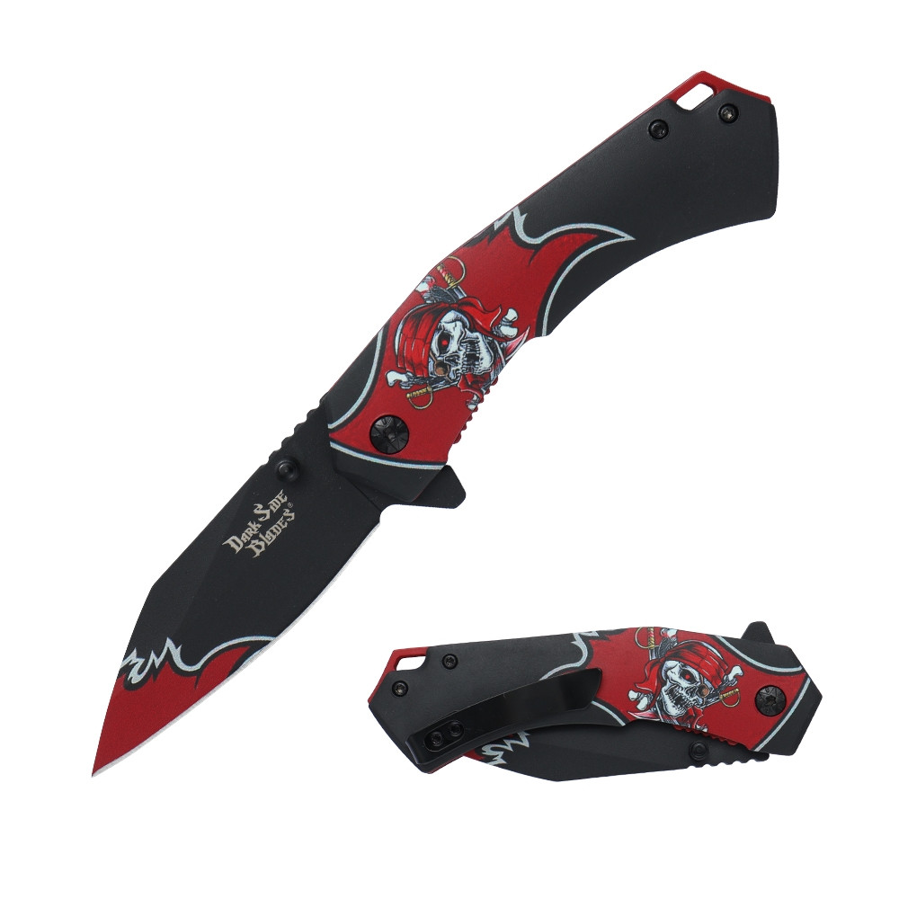 Dark Side Blades Red Pirate Skull Assisted Knife 3.22 in Drop Point