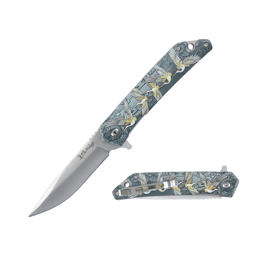 Elk Ridge Spring-Assisted Knife Flying Cranes 3.4in Satin Trailing Point