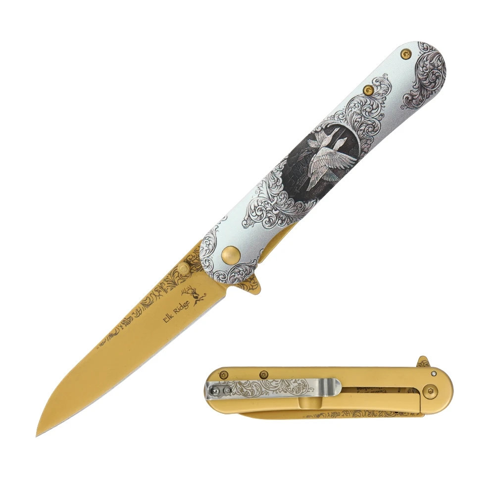 Elk Ridge Spring-Assisted Knife Goose 3.5in Gold TiNite Wharncliffe