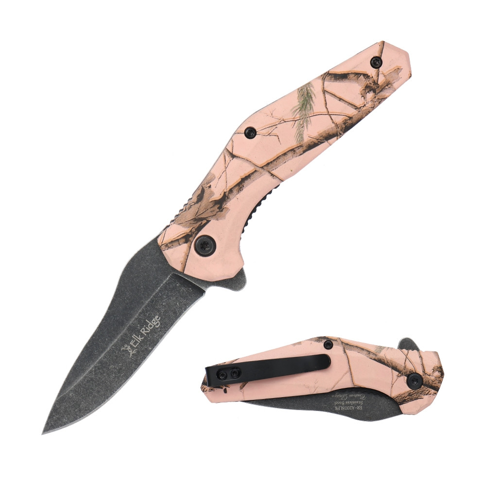 Elk Ridge Spring Assisted Folding Knife Pink 2.80in Stonewashed Drop Point ER-A2008LPK