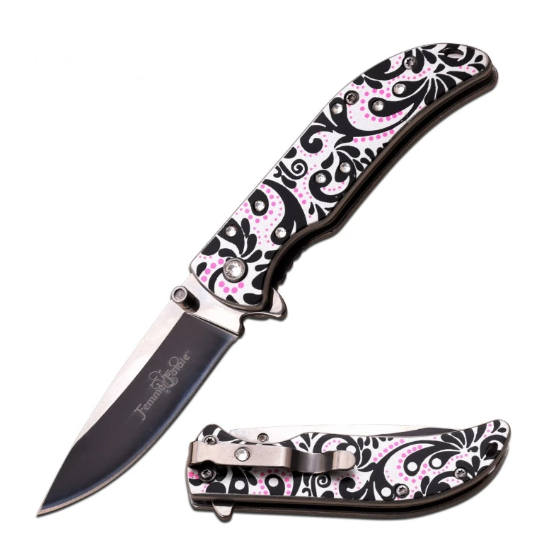 Femme Fatale Spring Assisted Folding Knife Black Pink Floral Paisley - Clear Gems FF-A012BP